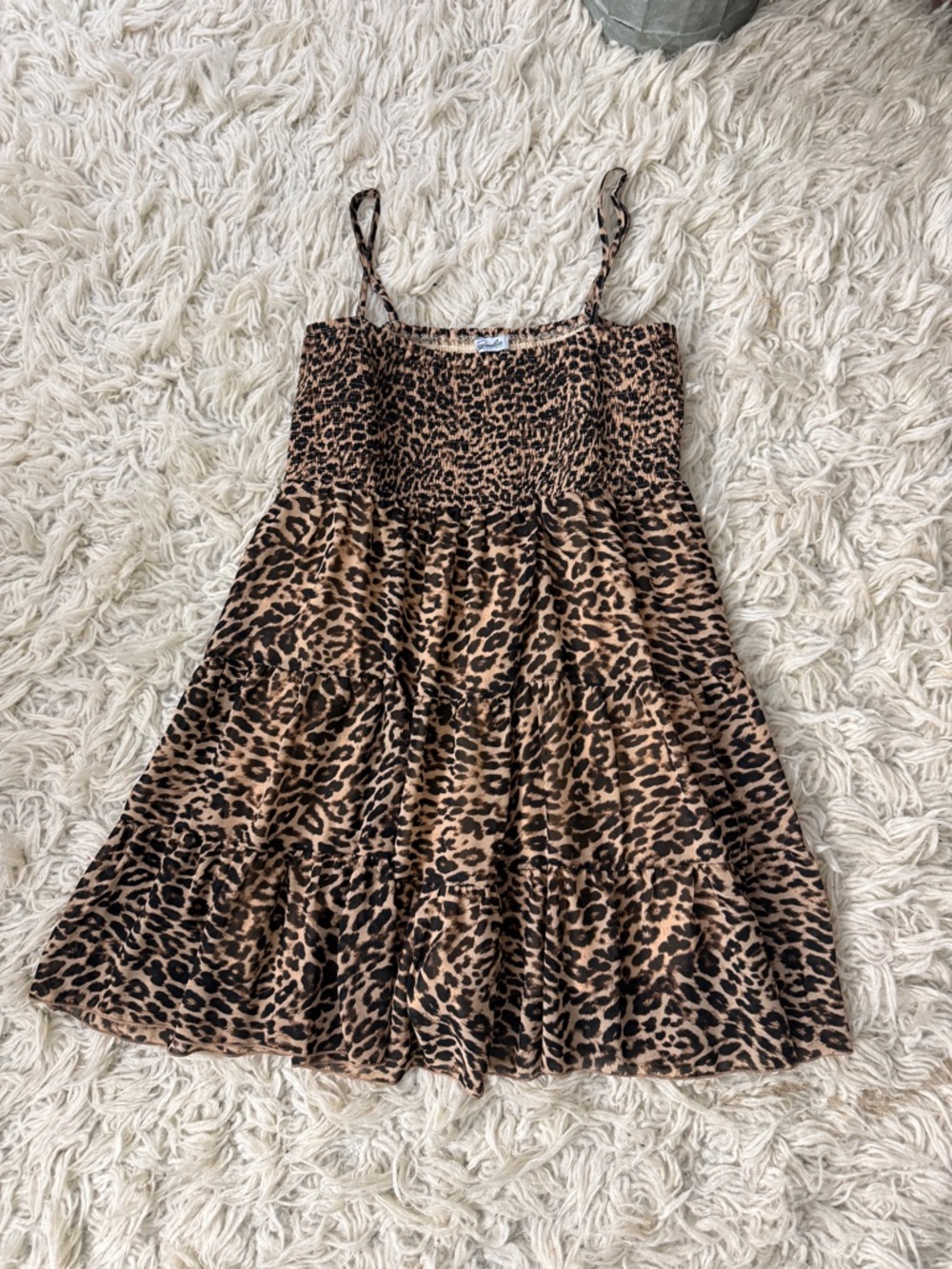 Women’s Leopard Print Spaghetti Strap with shorts built in Dress - Brown
